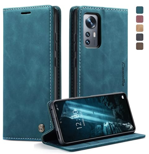 owlhold Handyhülle für Xiaomi 12/12X/12S Hülle, Premium Lederhülle Weiches Vintage-Nubukleder Faltbare Ständer Klapphülle Kartenfach Standfunktion stoßfest Schutzhülle -Blaugrün