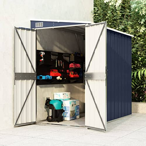 IKAYAA Cobertizo Exterior de Pared 1118 x 194 x 178 cm Armario Cobertizo de Exterior para Herramientas, Caseta de Jardín Metálica con 2 Puertas para Almacenamiento de Herramientas Antracita