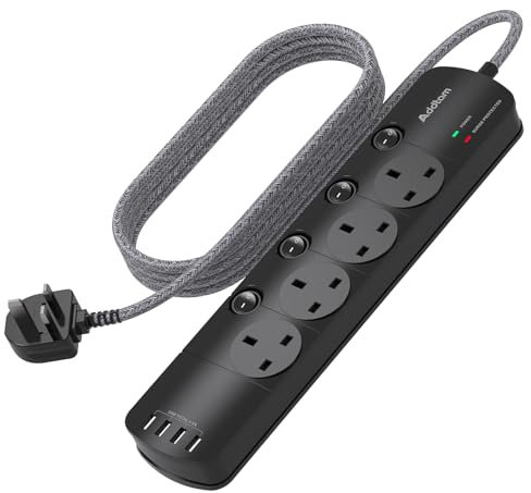 Extension Lead with USB Slots, 4 Way Socket Outlets Power Strips with 4 USB, 1050J Surge Protection Multi Plug Extension with Braided Extension Cable for Home, Office, Individually Switched, Black