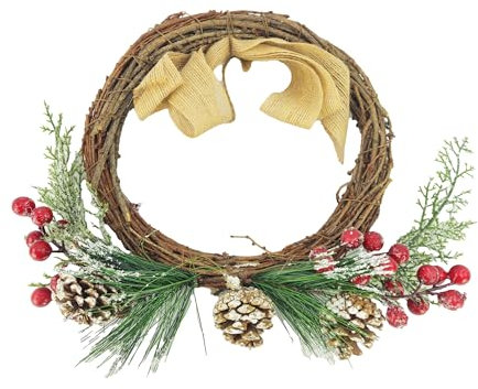 Ghirlanda Natalizia in Legno, ghirlanda natale per scale e porte, 30 cm, con Rami di Abete, Pigne e Bacche Rosse