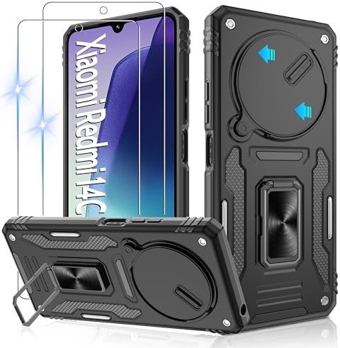 Jshru Handyhülle für Xiaomi Redmi 14C/ Poco C75 Hülle Kameraschutz Slide mit 2 Stück Schutzfolie,Militärische Stoßfest Schutzhülle 360° Metall Ring Ständer Case für Redmi 14c,Schwarz
