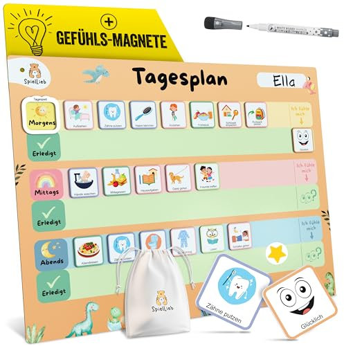 SpielLieb® Montessori Tagesplaner Kinder Routine – Magnettafel inkl. 166 Magneten, beschreib- & abwischbar Tagesplan Kinder ideale Lernhilfe für Routinen & Struktur Routine Planer Kinder