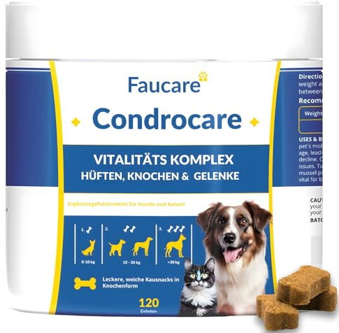 Chondroprotektor Hunde 120 Kauen Kollagen Magnesium und Calcium, Gelenkpflege, Glucosamin, Chondroitin, Kurkuma, Vitality Complex für Mobilität, Knochen. Faucare