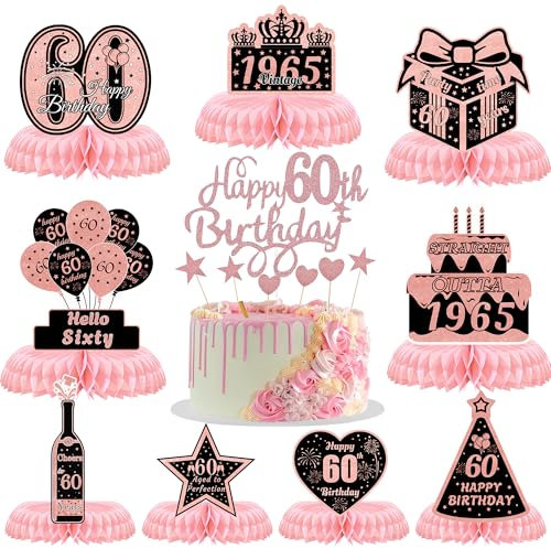 60th Birthday Table Decorations Honeycomb Women - 10 Pcs Rose Gold Honeycomb Centerpieces Table Decoration Cake Topper for Men Women Cheers to 60 Happy Sixty Years Birthday Party Decor Supplies