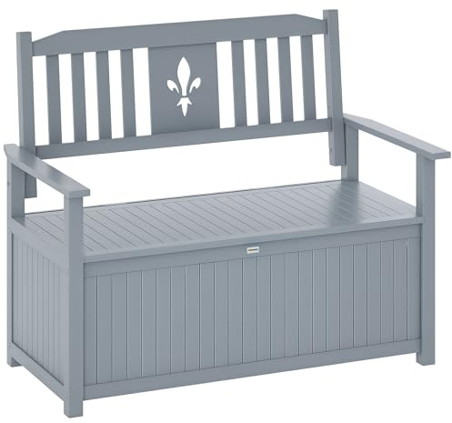 Outsunny 2 Seater Garden Storage Bench, 164L Outdoor Storage Box with Backrest Flower Pattern, Wooden Garden Bench with Armrests, 125 x 68.5 x 97cm, Grey
