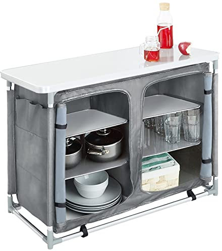 DKIEI Camping Cupboard, Portable Aluminum Camping Kitchen Unit with 6 Shelves, 3 Side Pockets, Worktop, Zipped Door, Outdoor Kitchen Cook Station Camping Table, Includes Carry Bag, Grey