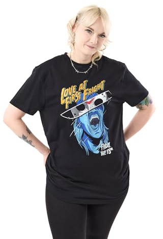 Friday the 13th Unisex Black Short-Sleeved T-Shirt | Love at First Fright Graphic Tee | Horror Movie Merchandise | Scary Jason Voorhees Apparel | Fans