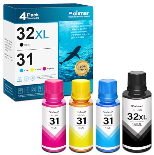 31 32XL Black Ink Bottle Compatible smart tank 7602 ink refill Replacement for HP 32Xl 31 Ink Bottle Set for Smart Tank 5101 5102 6001 7001 7002 Plus 651 551 ink (31 32XL Ink Bottle Refill Kit, 4Pack)