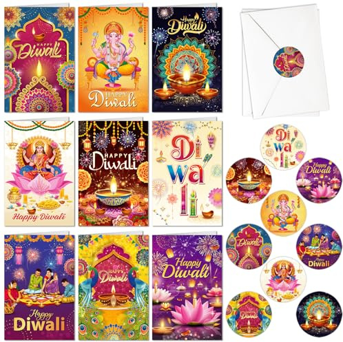 DPKOW 9pcs Diwali Cards with Envelopes Stickers Diwali Gifts for Kids Friends Family, Deepavali Greeting Cards Festival of Lights Party Supplies Deepavali Gift Ideas, Diya Rangoli Peacock Hindu Design