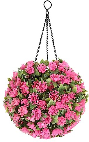 PRETYZOOM Solar Powered Pink Flower Topiary Ball Light Artificial Garden Hanging Decor for Weddings Patios Yards Outdoor Spaces Easy Care UV Resistant Design