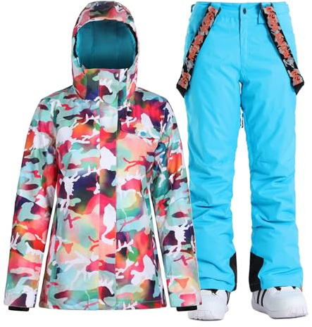 GSOU SNOW Damen Skianzug 2-teilig Skijacke und Skihose Set für Wintersport | 15k Wasserdicht & 10k Atmungsaktiv, Farbenfrohes Druckdesign, Abnehmbare-Verstellbare Kapuze, Schneefang FüR Skifahren
