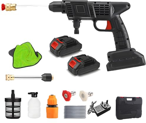 Portable Cordless High-Pressure Car Washing Machine, 12V Wash Spray Equipment with Adjustable Nozzles, Car Towel, Foam Spray Can & Carry Case, 5M Water Pipe for Floor/Car/Garden Cleaning & Watering