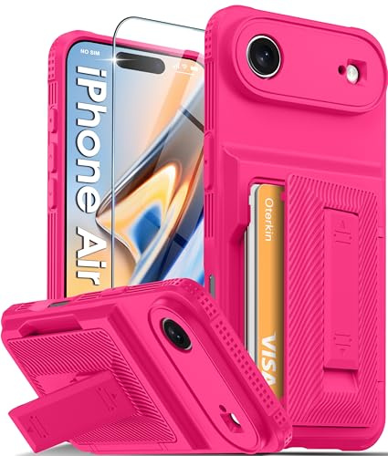 Oterkin for iPhone Air Case Wallet, Built-in Card Holder (4-5 Cards) & Kickstand, [RFID Blocking][9H Screen Protector][Full Camera Protection] Rugged Silicone Phone Case for iPhone Air 6.5, Hot Pink