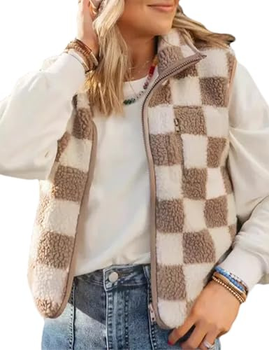 Yozazzy Sherpa Vest for Women Sleeveless Fuzzy Fleece Checkered Jacket Warm Casual Gilet Outerwear with Zipper(Khaki-M)