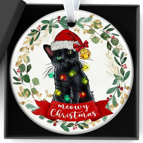 Black Cat Christmas Decoration Gifts Cat ornaments for cat lovers Meowy Christmas Happiness Fun Personalization Ceramic Sign Plaque Xmas Tree Decor for Love Pets Gift for Indoor Desk, Home Accessories