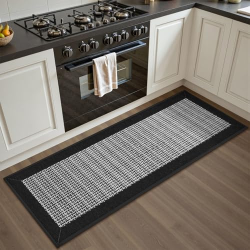 SIXHOME 50 * 180 Küchenteppich Waschbar Sisaloptik Gewebte Teppich Küche rutschfest Saugfähig Teppich Läufer Schwarz