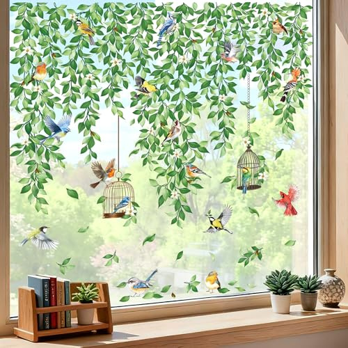 decalmile Fensterbilder Grün Blätter Hängende Rebe Blumen Fensteraufkleber | Statische Anti-Kollision Fensterdeko, Beidseitiger Druck, auf Beiden Seiten klar Sichtbar, Wasserdicht, Abnehmbar