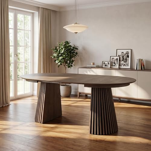 ebuy24 Esstisch oval ausziehbar Dining Tables - Tokyo 2 Zusatzplatten Ø120 auf 160/200 cm Smoked Eiche Furnier Rundtisch Esszimmertisch Auszugstisch Holztisch Küchentisch Essbereich
