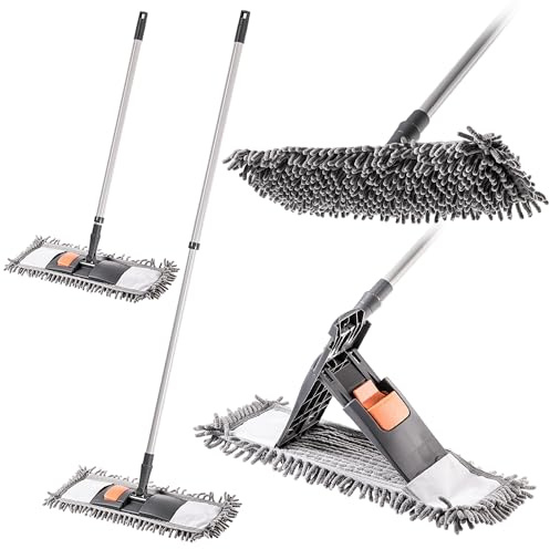 KADAX Mopa de suelo con funda de microfibra de chenilla y mango telescópico extensible (71 – 120 cm), fregona para una limpieza profunda de suelos, fregona plana de microfibra