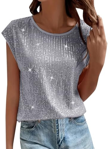 Glitzer T-Shirt Damen Pailletten Druck Bluse Modisches Pullover Glänzend Print Oberteile Rundhals Tunika Tops Kurzarm Shirt Farbverlauf Pulli Locker Atmungsaktiv Streetwear Karneval Kleidung