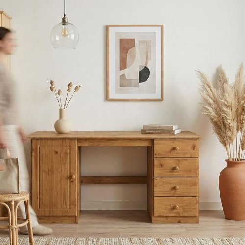 Schreibtisch MANAGER aus Massivholz, 145 x 73 x 54 cm, Eiche Finish - Schreibtisch aus Kiefernholz mit 4 Schubladen und 1 Türfach, Homeoffice Tisch mit viel Stauraum, ideal für Büro und Arbeitszimmer