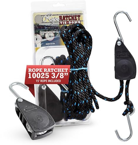 Rope Ratchet 10025 3/8 Inch Block and Tackle Ratchet Tie Down, Rope Hoist Pulley Hoist, with 15 Feet Solid Braided Polypropylene Rope, 250lb Weight Capacity