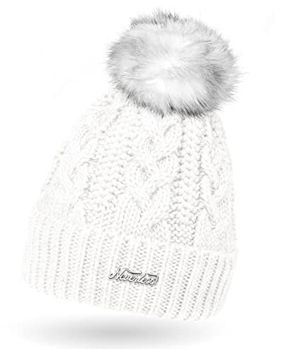 Neverless Damen Strick-Mütze gefüttert mit Kunst-Fell-Bommel, Winter-Mütze, Bommelmütze, weiß Unisize