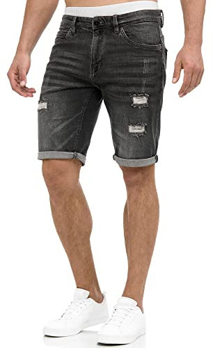 Indicode Herren Caden Jeans Shorts mit 5 Taschen | Herrenshorts Used Look für Männer Holes - Dk Grey, XL