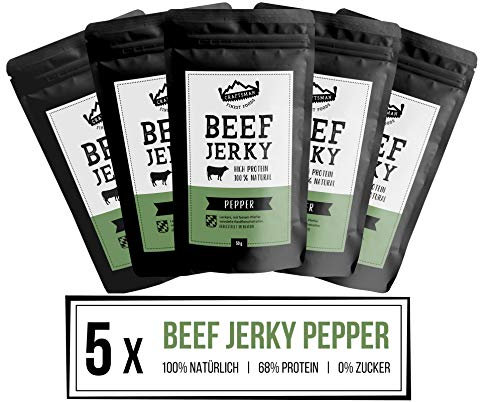 Craftsman Beef Jerky Pepper | Trockenfleisch ohne Zucker aus Deutschland - Bayern | Set 5 x 50g = 250g | 100% Rind | High Protein 68% | Pfeffer | 100% Natürlich