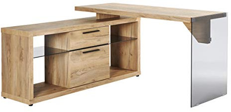 Marque Amazon - Movian Salto - Bureau d'angle, 114,8 x 140 x 74 cm, Finition chêne/verre gris