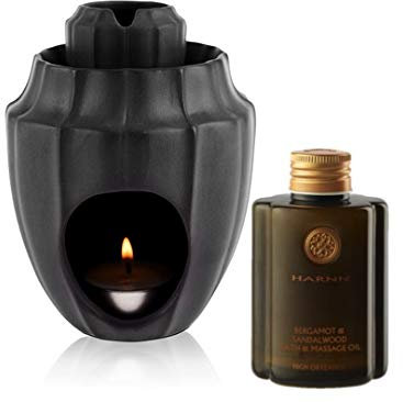 HARNN BLACK LOTUS - Körper-/Massage-Öl-Wärmer & Duftlampe in einem + KÖRPER-, BAD- & MASSAGE-ÖL (Bergamotte & Sandelholz) 145ml