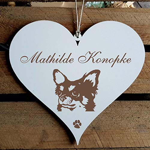 Schild Herz « Chihuahua Langhaar Kopf » mit persönlicher Wunschgravur - Deko Dekoration Türschild Name - Hund Hunde Haustiere