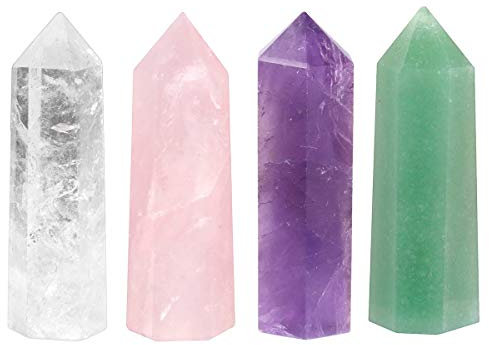 mookaitedecor Cristal de Roche,Améthyste,Quartz Rose,Aventurine Verte Pierre Cristal Naturelle,Baguette Pointe de Cristaux Pierres Guerison