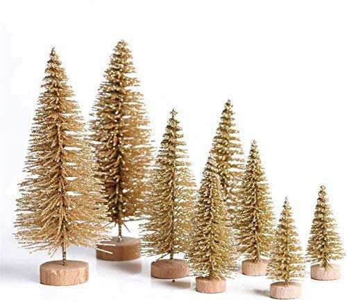 Zeako 12PCS Mini Christmas Trees Miniature Sisal Snow Frost Trees Tabletop Trees with Wooden Base, Models for Christmas Party Home Decoration Home Table Top Decoration (12pcs Gold)