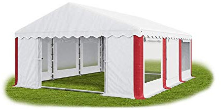 Das Company Partyzelt 5x6m Lagerzelt Universalzelt Pavillon mit Moskitonetz weiß-rot mit Bodenrahmen und Dachverstärkung Pavillon Zelt 240g/m² PE Plane wasserdicht Gartenzelt Summer Plus IPEM