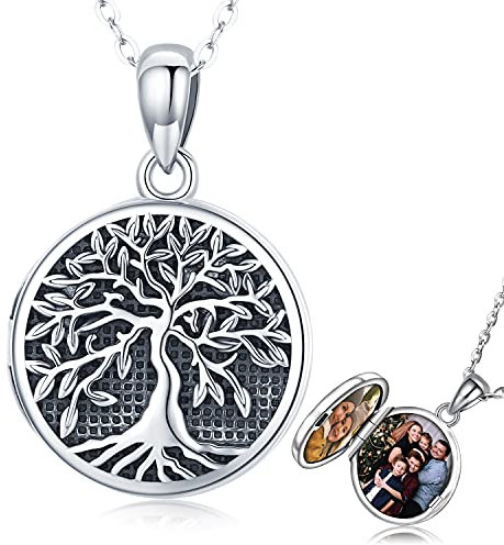 Friggem Collier Médaillon Arbre de Vie en Argent Sterling 925 Pendentif Médaillon Photo avec Coquille d'ormeau, Bijoux de Mémoire Cadeaux pour Femmes Filles Maman (Collier Médaillon-Argent)
