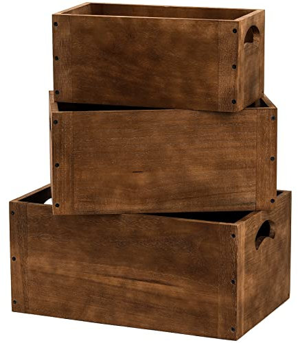 Hedume Set mit 3 Holzwürfeln mit Griff, rustikale braune dekorative Holz-Aufbewahrungsbox, stapelbare Würfelkörbe, Organizer für Zuhause, Büro, Schrank, Regal, Bücherregal, Schrank