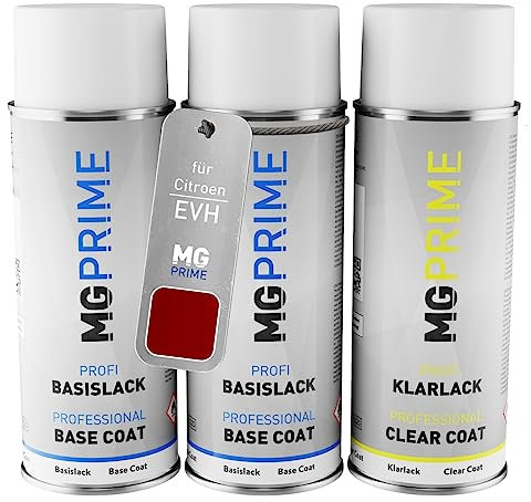 MG PRIME Autolack Sprühdosen Set für Citroen EVH Rouge Elixir Nacre/Elixir-Rot Metallic Grundlack Basislack Klarlack Spraydose 400ml