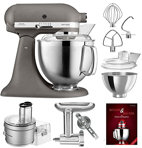 KitchenAid Küchenmaschine Artisan - P24 Food Processor Set Spezial 185er (M) - 5KSM185PSEGR inkl. Food Processor Vorsatz (5KSM2FPA), Fleischwolf Ganzmetall (5KSMMGA) und Kochbuch (Kochen & Backen)
