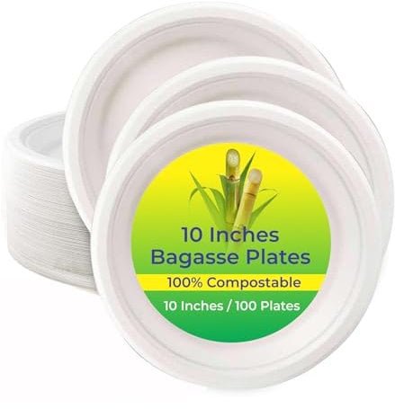 RelianceUK 10 Inch (100 Pack) Strong Bagasse Paper Plates | Compostable, Biodegradable, Eco-Friendly, Disposable Plates | Made of Sugarcane -Freezer and Microwave Safe -Perfect for Party Picnic BBQ