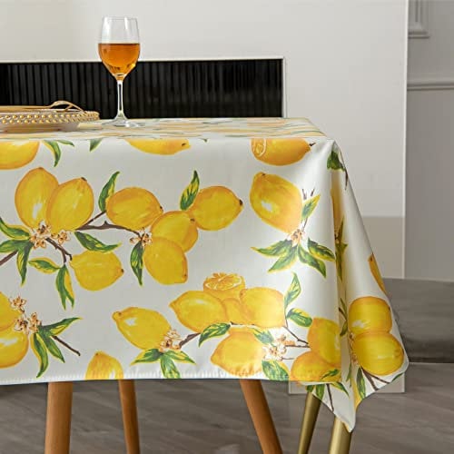 PUDSIRN Zitronen-Tischdecke, Frühlings Sommer-Tischdecke, gelbe Tischdecke, Polyester-Gewebe, wasserdichte, schmutzabweisende Tischdecke, für Küche, Party, Picknick, drinnen, draußen (140 x 240 cm)