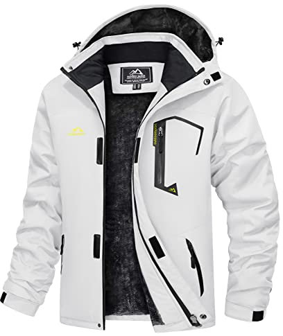 TACVASEN Herren Winter Winddichte Winterjacke Warme Fleece-Futter Ski Übergangsjacke mit Abnehmbarer Kapuze, Weiß, XL