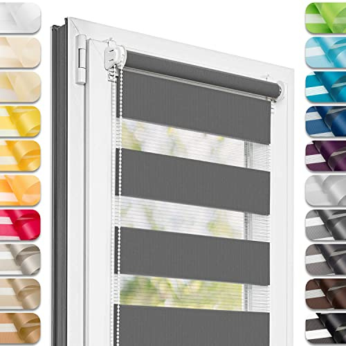 Estika Doppelrollo Klemmfix ohne Bohren - 130 cm x 150 cm - Anthrazit - 27 Stofffarben, Tag und Nacht Duo Rollo, Rollos für Fenster ohne Bohren, Fenster Sichtschutz (130 cm Stoffbreite)