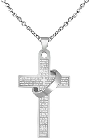 Hanessa Personalisierte Kette mit Gravur Edelstahl 45-60 cm - Kreuz mit Ring Vater unser (spanisch) in silber - Halskette für Männer und Frauen - Personalisierter Schmuck Damen Herren