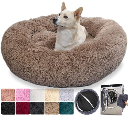 Panier Rond Chien Dehoussable, Coussin Chien Chat Lavable, Lit pour Chien Grande Taille Orthopedique, Moelleux et Confortable (S:50cm, Marron)