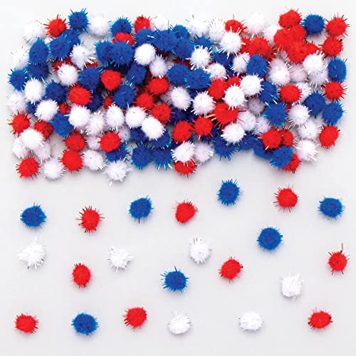 Baker Ross CN138 Red White and Blue Self-Adhesive Glitter Pom Poms - Pack of 200, British Themed Arts and Crafts Supplies