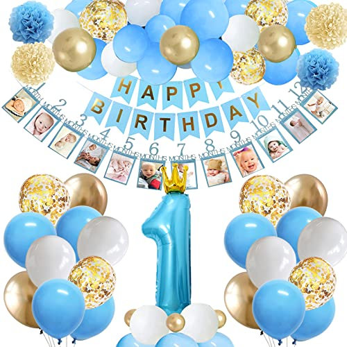 Deko 1. Geburtstag Junge - Blau Gold Luftballon Set - Geburtstagsdeko für 1 Jahr Alten Jungen
