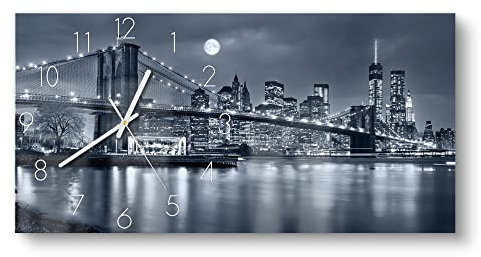 DEQORI Glasuhr | vertikal 60x30 cm | Motiv Vollmond über New York | große XXL Design Uhr aus Glas | leise Wanduhr für Wohnzimmer & Küche | Moderne Hingucker Uhr für die Wand