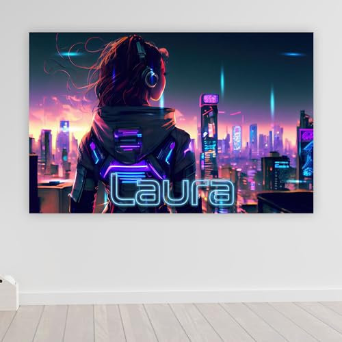 timalo® Robustes Gamerposter mit Namen personalisiert | Coole Gaming Wanddeko mit Gamer Bild für die Wand | Deko Poster XXL Wandbild | cyberpunk Mädchen neon | Motiv 67