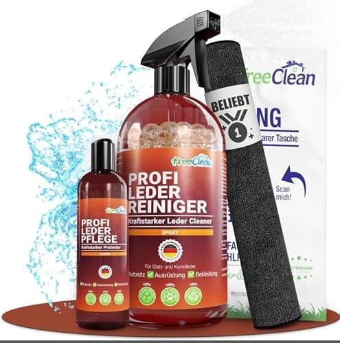 FreeClean NEU Profi Auto Lederpflege Set [EXTRA STARK OHNE Chemie] Lederreiniger 500ml, Lederlotion 250ml, Schwamm, Tuch - Leder Protector für Lederpflege Auto, Sattel, Jacke etc - Made in DE